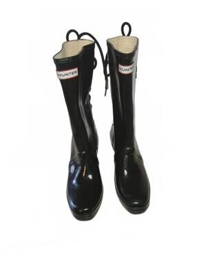 Hunter Black Lace-Up Wedge Rain Boots Size 8